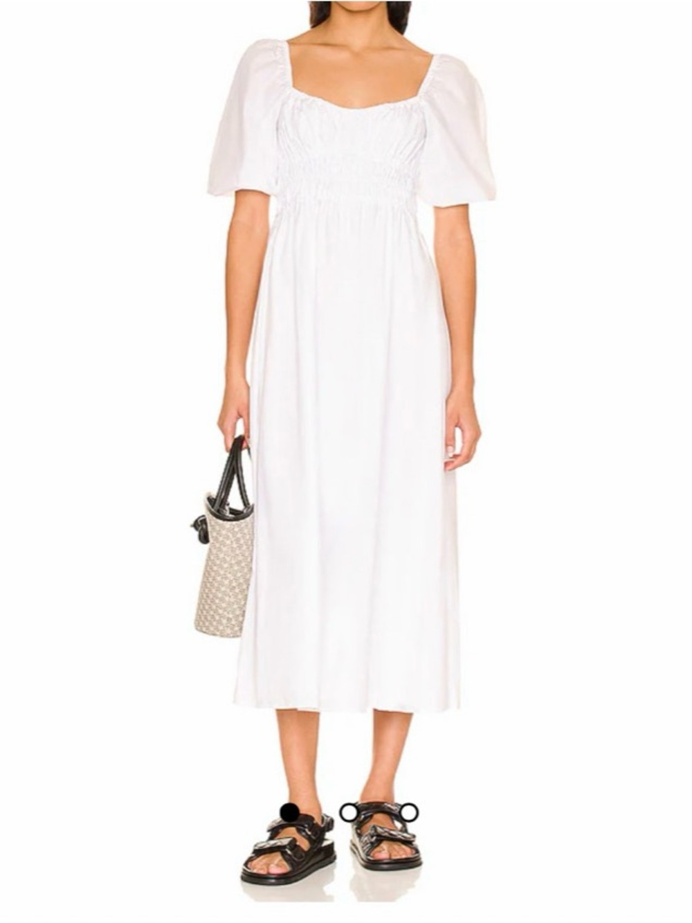 Faithfull the Brand White Midi Dress with Puff Sleeves